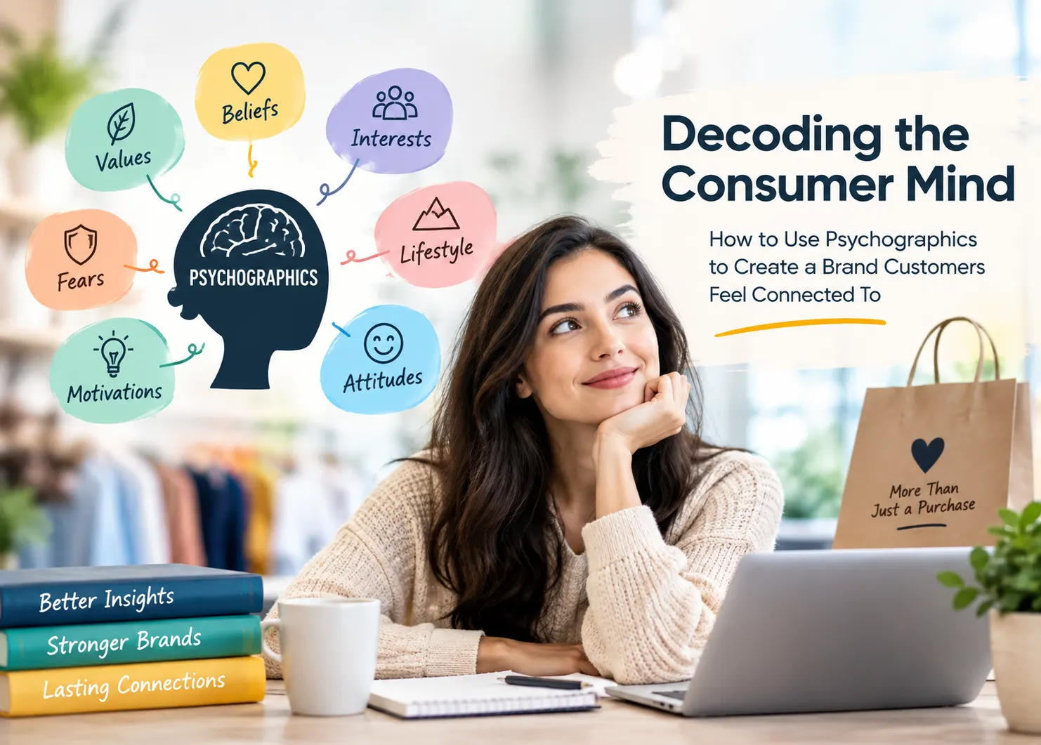 A woman represents the modern consumer surrounded by psychographic concepts including values, beliefs, interests, lifestyle, attitudes, motivations, and fears, illustrating how understanding consumer psychology helps brands build stronger emotional connections and meaningful customer relationships.